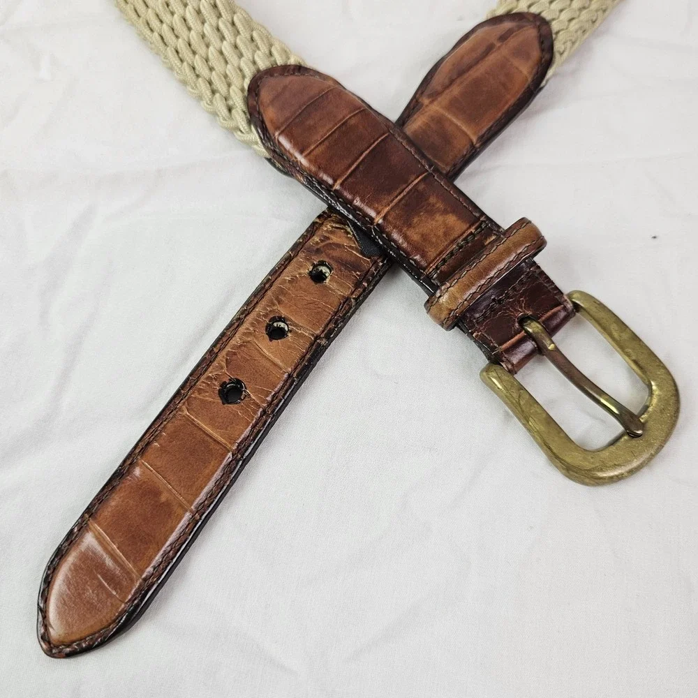 Brighton 33502 Belt Size 40 Woven Stretch Brown Leather Croc Trim Brass Buckle